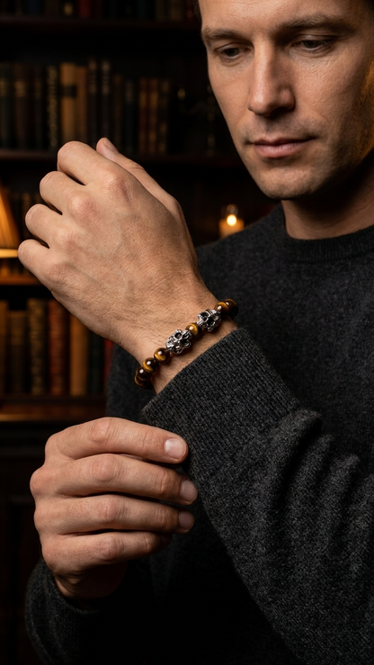 Tigerauge-Perlenarmband mit zwei silberfarbenen Schaedelperlen am Handgelenk eines Models.