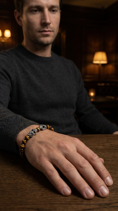 Tigerauge-Perlenarmband mit zwei silberfarbenen Schaedelperlen am Handgelenk eines Models am Tisch.