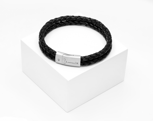 Doppellederarmband Schwarz Silber Twolooplo